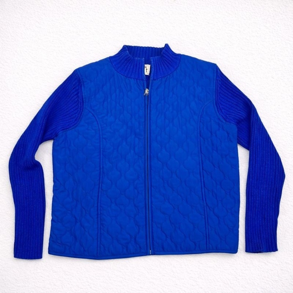Keren Hart Vintage 1980's Cobalt Blue Quilted Knit Sleeve Zip Up Jacket Women's